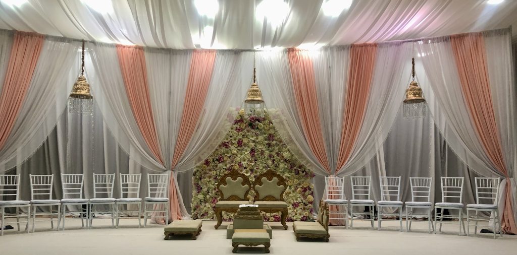 Fabric open Mandap with flower wall